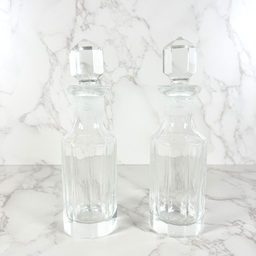 Vintage Pair Octagonal Glass Apothecary Bottles with Faceted Stoppers  Art Deco